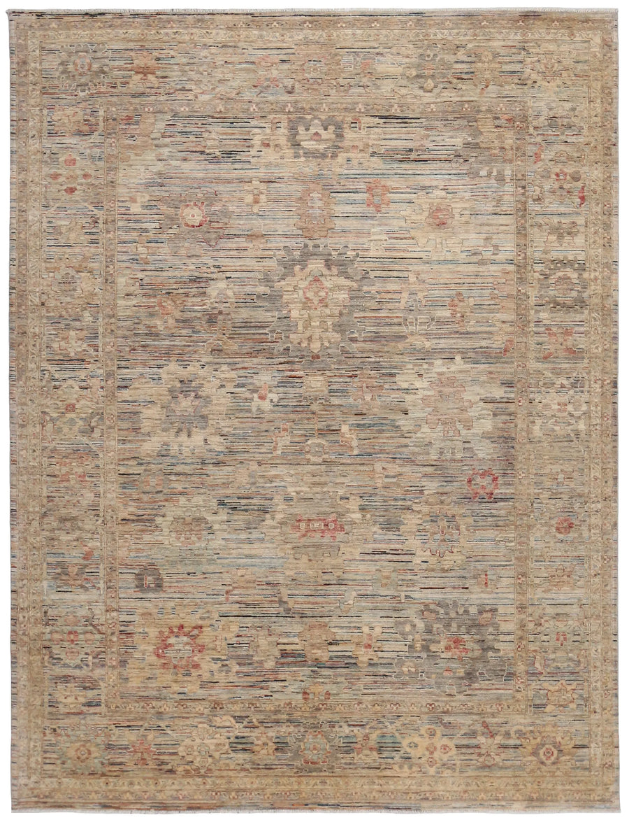 Beige Afghan Rug with Sage Green Floral Motifs, 354 × 274 cm, overall view.