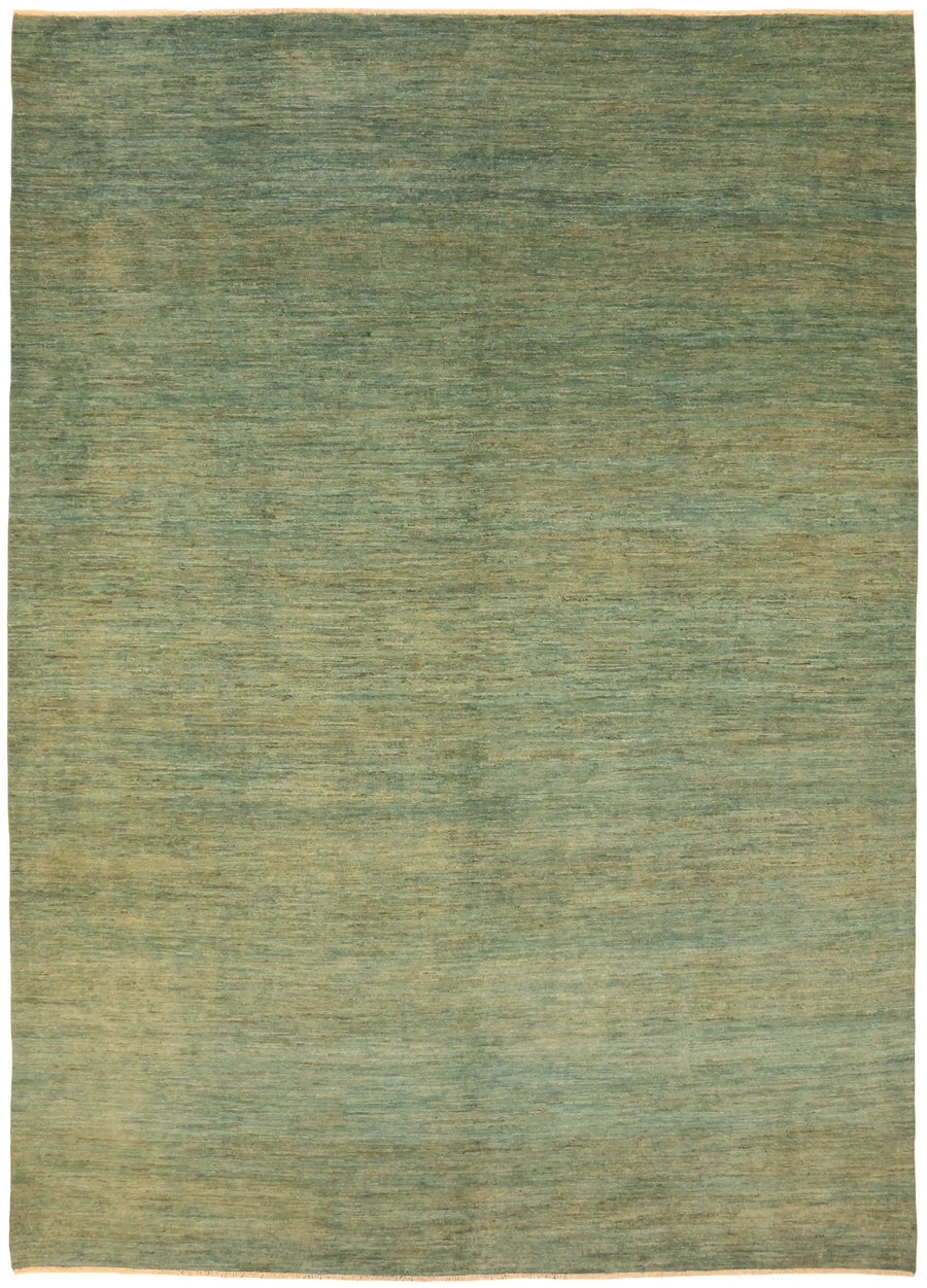 Green Wool Rug with Gold-Colored Stripes, 408 × 298 cm, overall view.