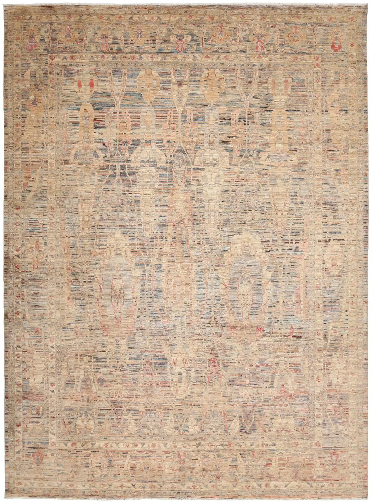 Light Afghan Rug with Blue Leaf Motifs, 405 × 312 cm, overall view.