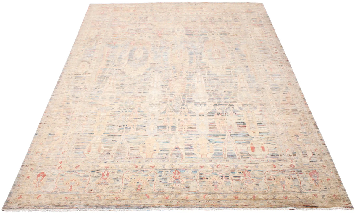 Light Afghan Rug with Blue Leaf Motifs, 405 × 312 cm, view 2.