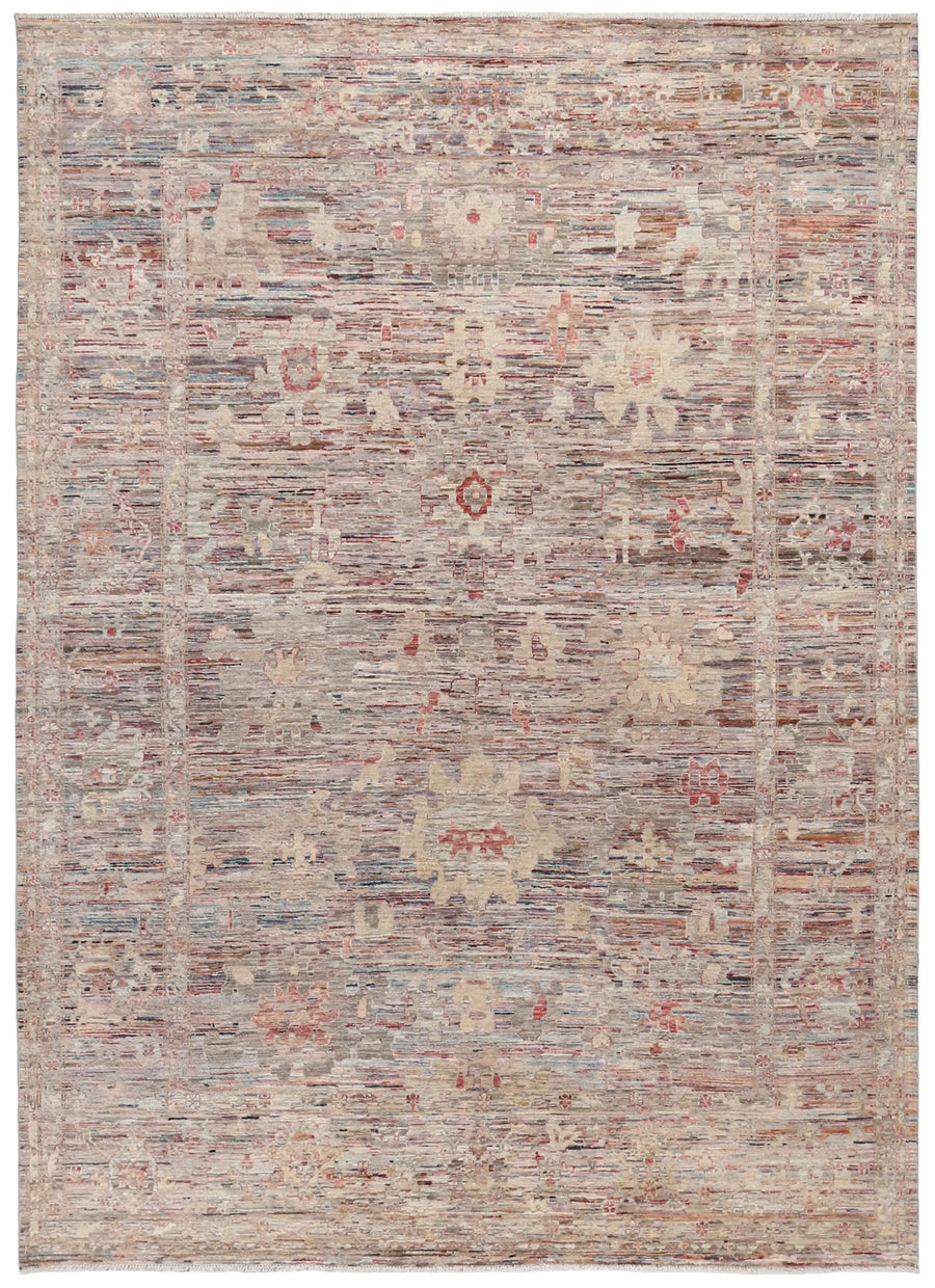 Rose & Gray Afghan Rug with Light Flowers, 348 × 257 cm, overall view.