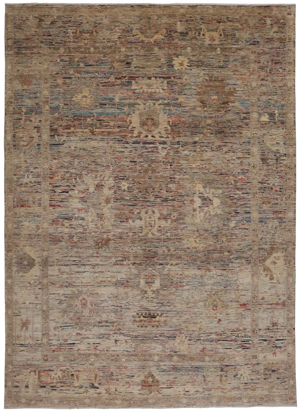 Beige & Brown Afghan Rug with Soft Flowers, 388 × 294 cm, overall view.