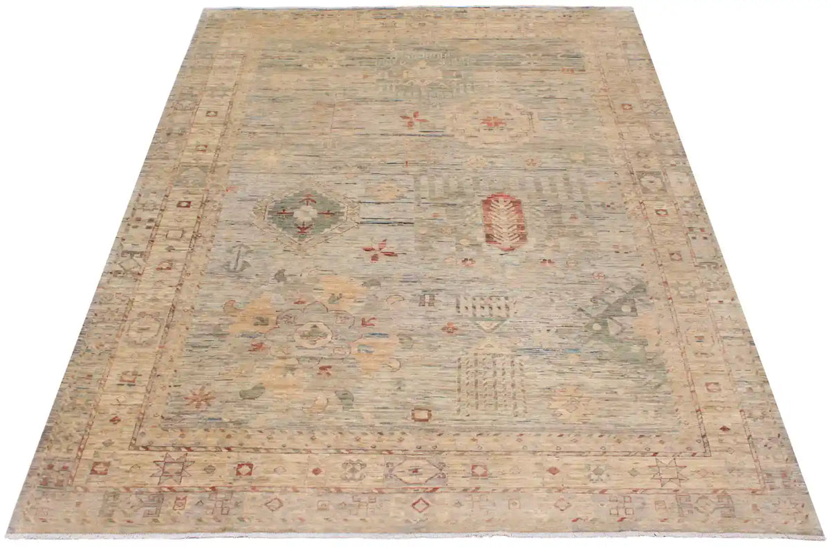 Light Sage Afghan Rug with Red Medallions, 345 × 252 cm, view 2.