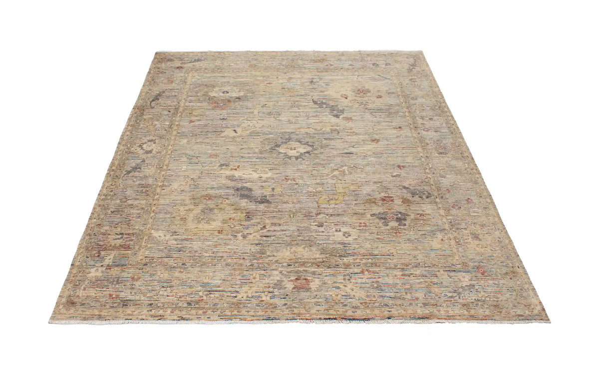 Beiger Orientteppich mit feiner blauer Blütenzeichnung, 293 × 244 cm – Ansicht 2 des handgeknüpften Wollteppichs