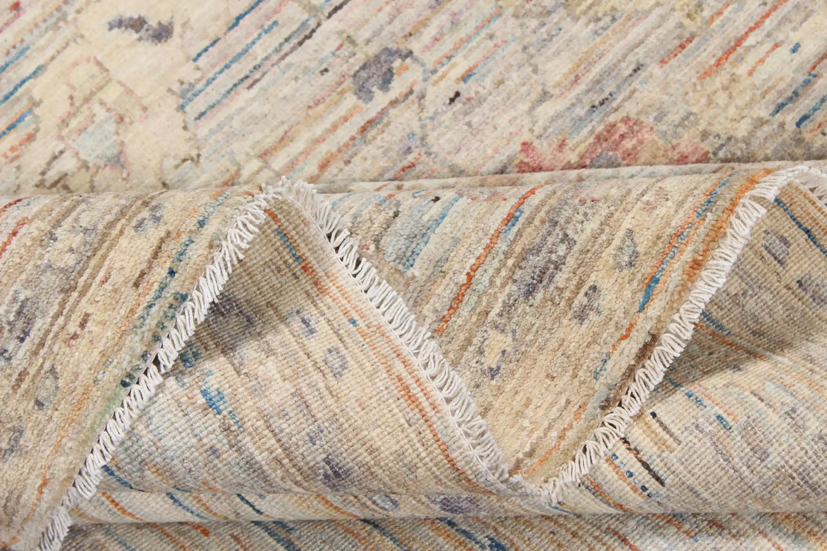 Beiger Orientteppich mit feiner blauer Blütenzeichnung, 293 × 244 cm – Ansicht 8 des handgeknüpften Wollteppichs