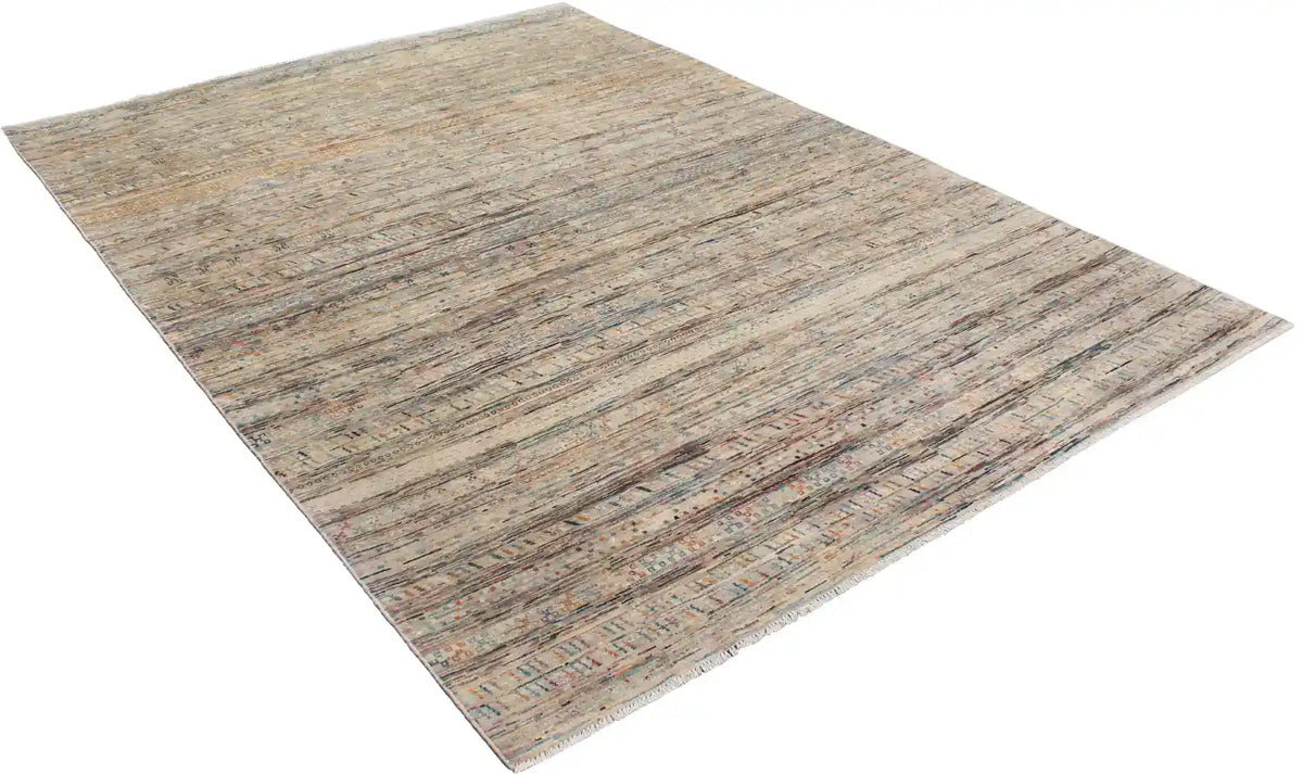 Sandfarbener Berjasta-Teppich mit blauen Querlinien, 347 × 250 cm – Ansicht 3 des handgeknüpften Wollteppichs