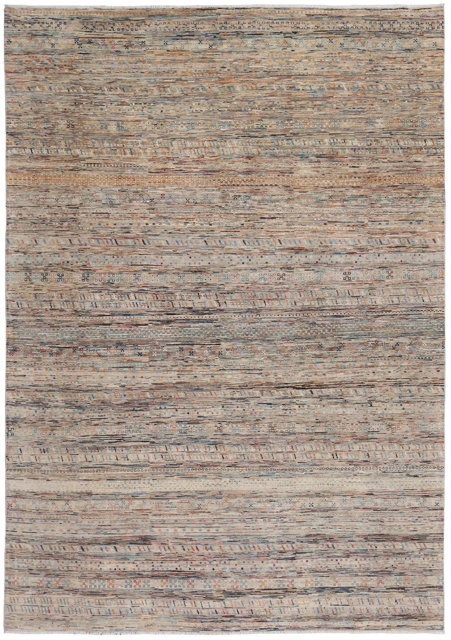 Sand Berjasta Rug with Blue Horizontal Lines, 347 × 250 cm, overall view.