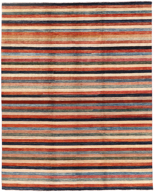 Gestreifter Orientteppich in Creme, Rot und Petrol, 308 × 238 cm – Gesamtansicht