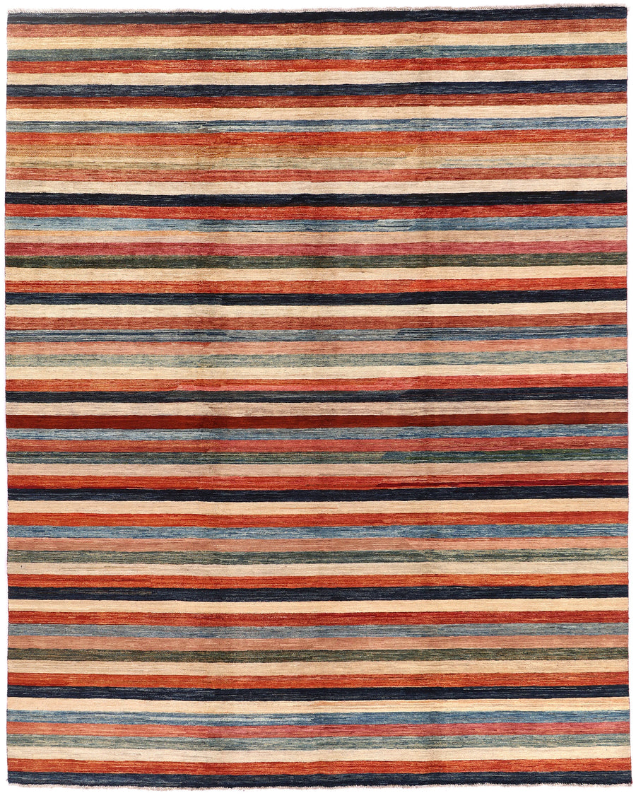 Striped Afghan Rug in Cream, Red & Teal, 308 × 238 cm, overall view.