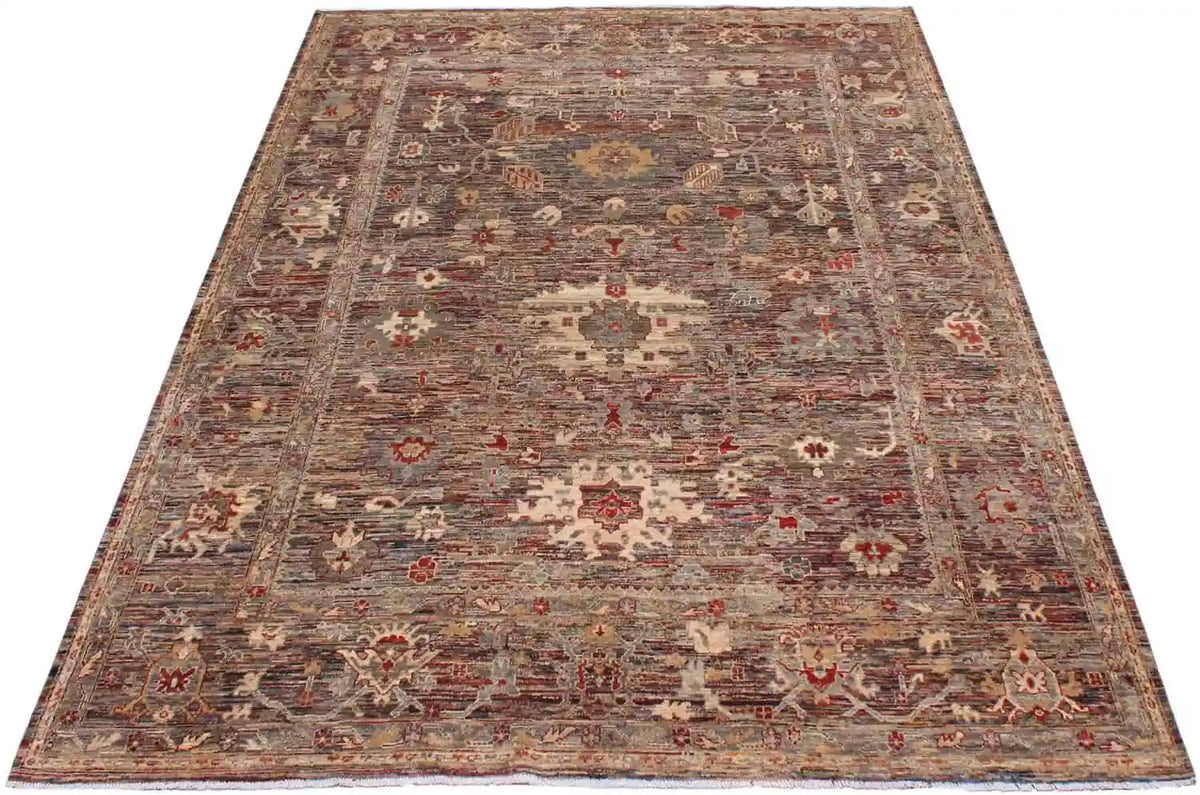 Afghanischer handgeknüpfter Wollteppich mit cremefarbenen Blüten und roten Akzenten auf braun-grauem Grund, 344 × 258 cm – Ansicht 2