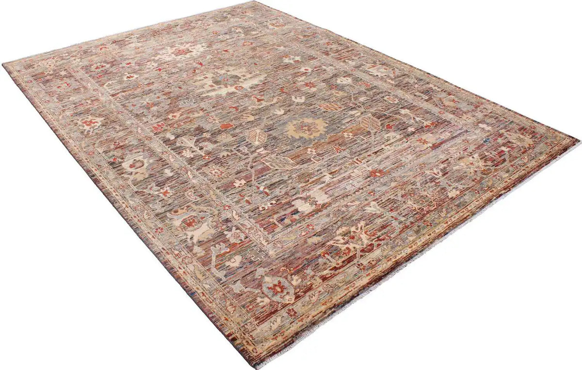 Afghanischer handgeknüpfter Wollteppich mit cremefarbenen Blüten und roten Akzenten auf braun-grauem Grund, 344 × 258 cm – Ansicht 3