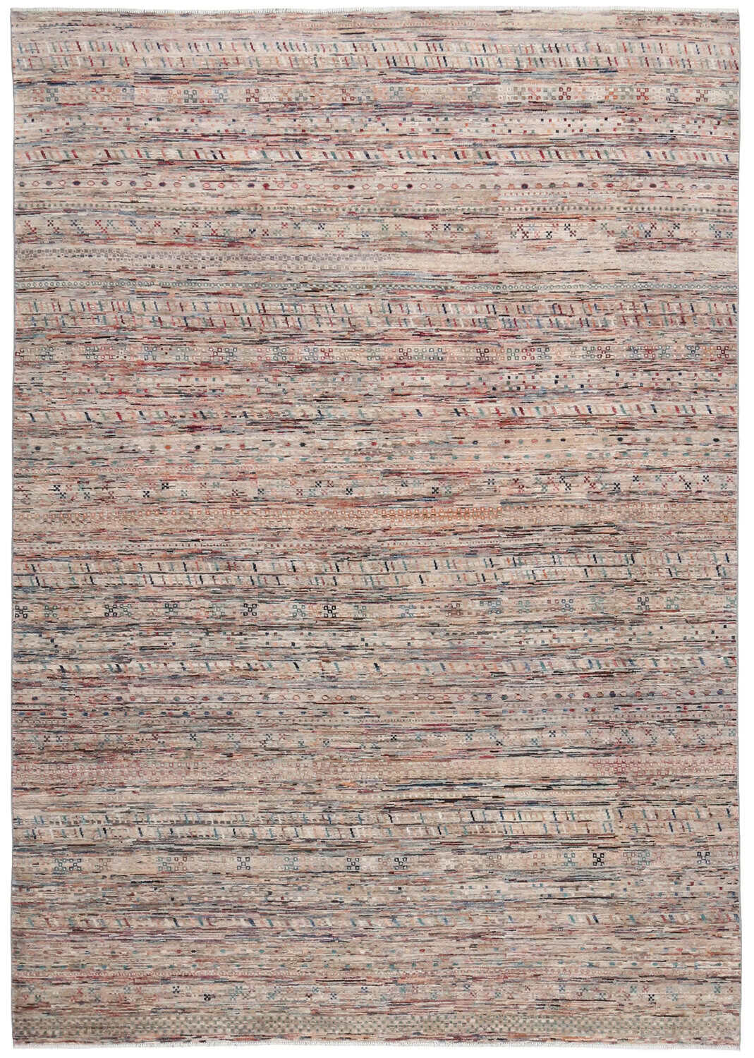Abstrakter Orientteppich mit feinen Linien in Braun und Rosa, 348 × 249 cm – Gesamtansicht des handgeknüpften Wollteppichs
