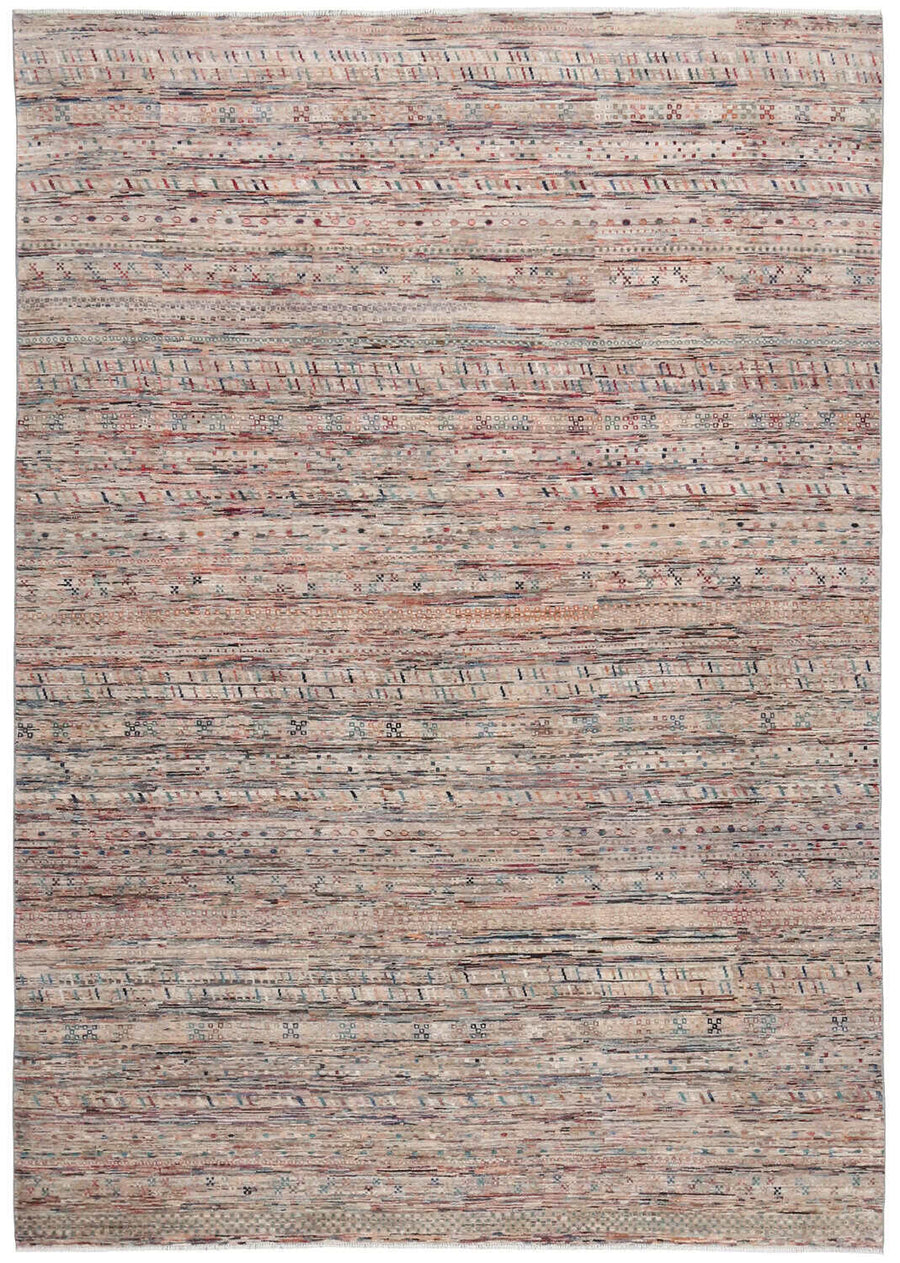 Abstract Afghan Rug with Brown & Pink Lines, 348 × 249 cm, overall view.