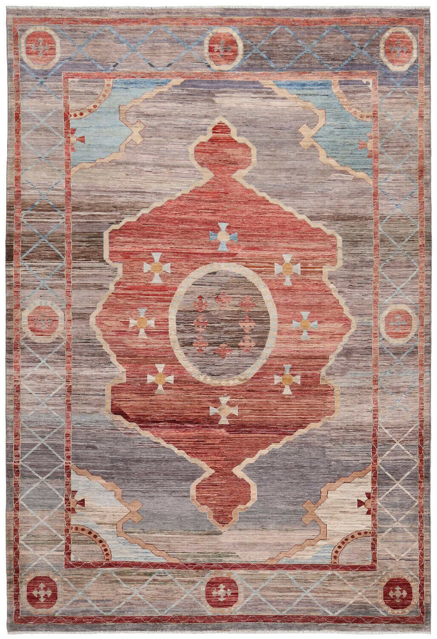 Red & Gray Medallion Rug with Blue Accents, 373 × 260 cm, overall view.