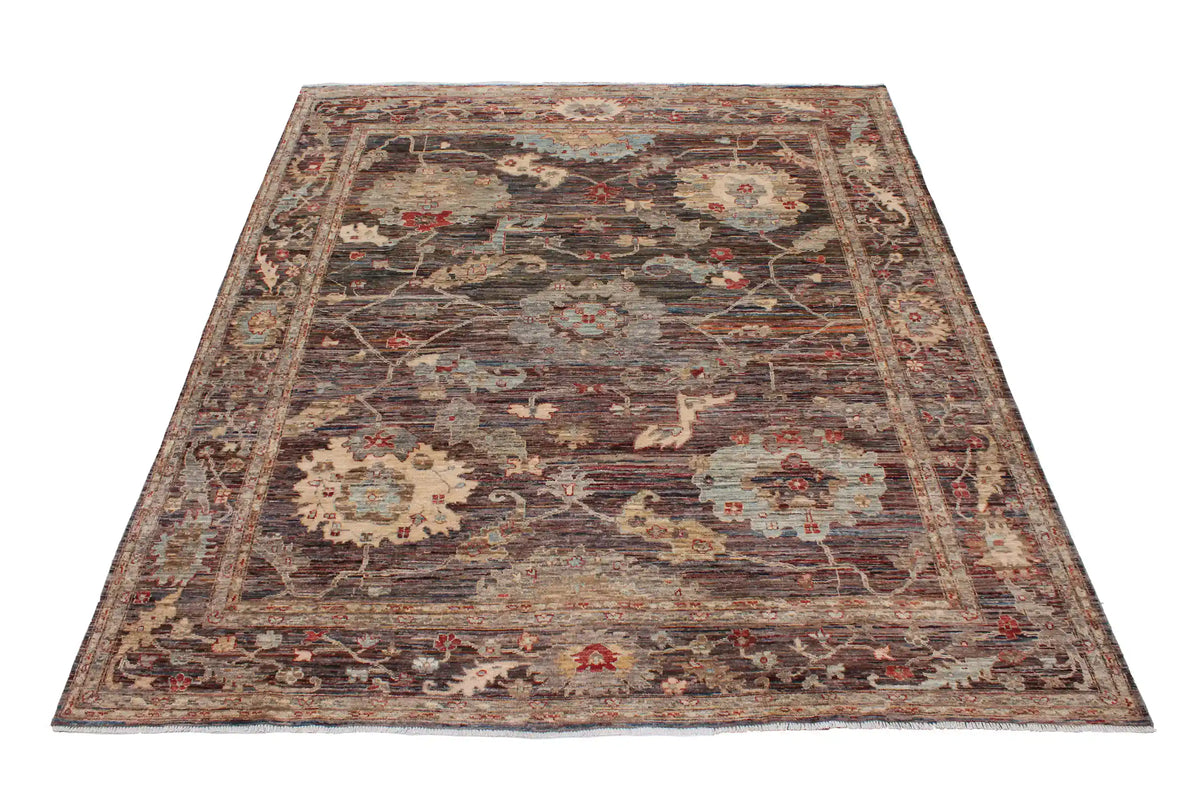 Dark Brown Afghan Rug with Broad Floral Motifs, 276 × 245 cm, view 2.