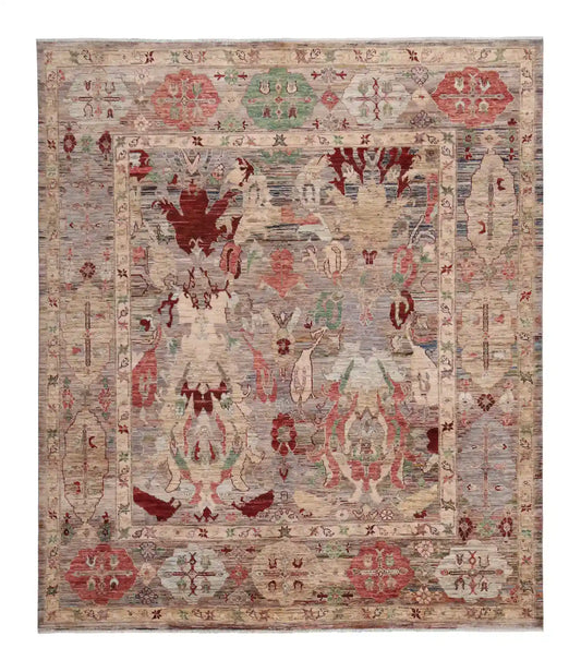 Rosafarbener Orientteppich mit cremefarbenen Blattmotiven, 297 × 247 cm – Gesamtansicht