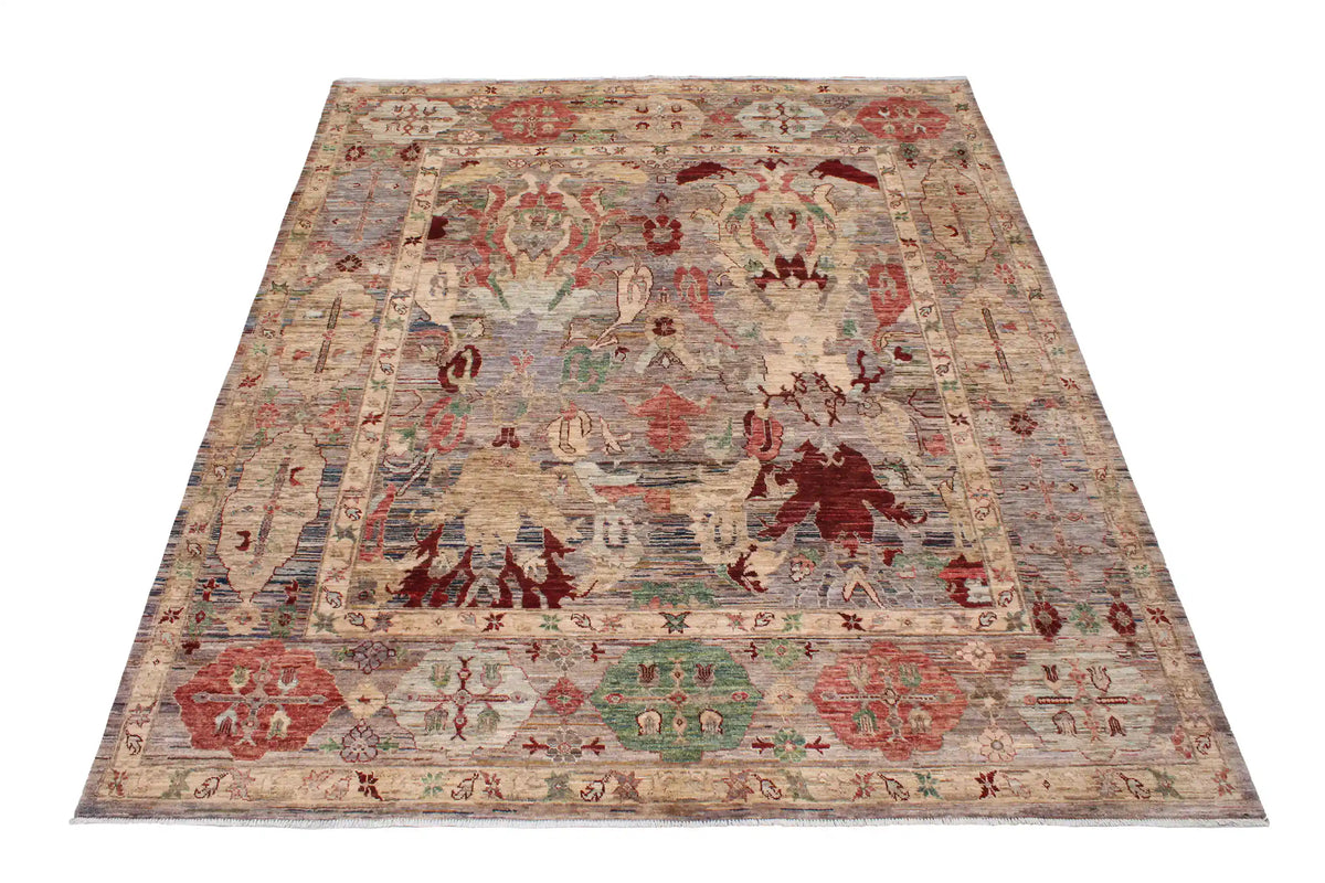 Pink Afghan Rug with Cream Leaf Motifs, 297 × 247 cm, view 2.
