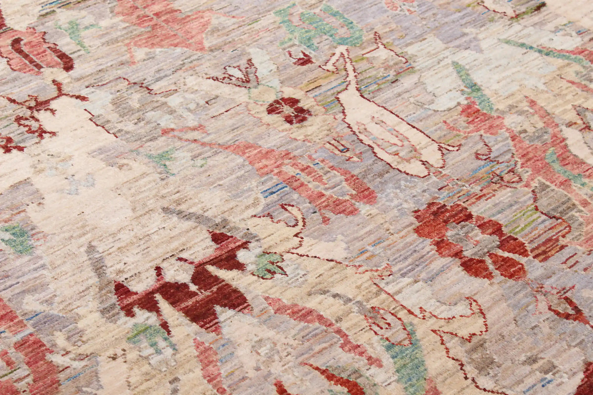 Pink Afghan Rug with Cream Leaf Motifs, 297 × 247 cm, view 4.
