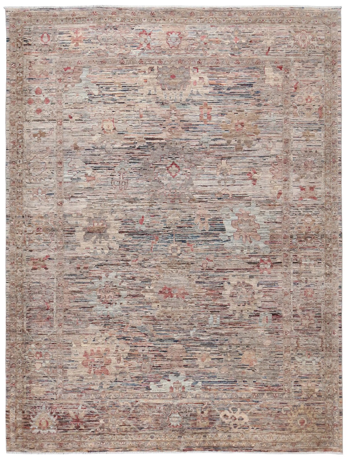 Grauer Orientteppich mit cremefarbenen und roten Blüten, 353 × 273 cm – Gesamtansicht