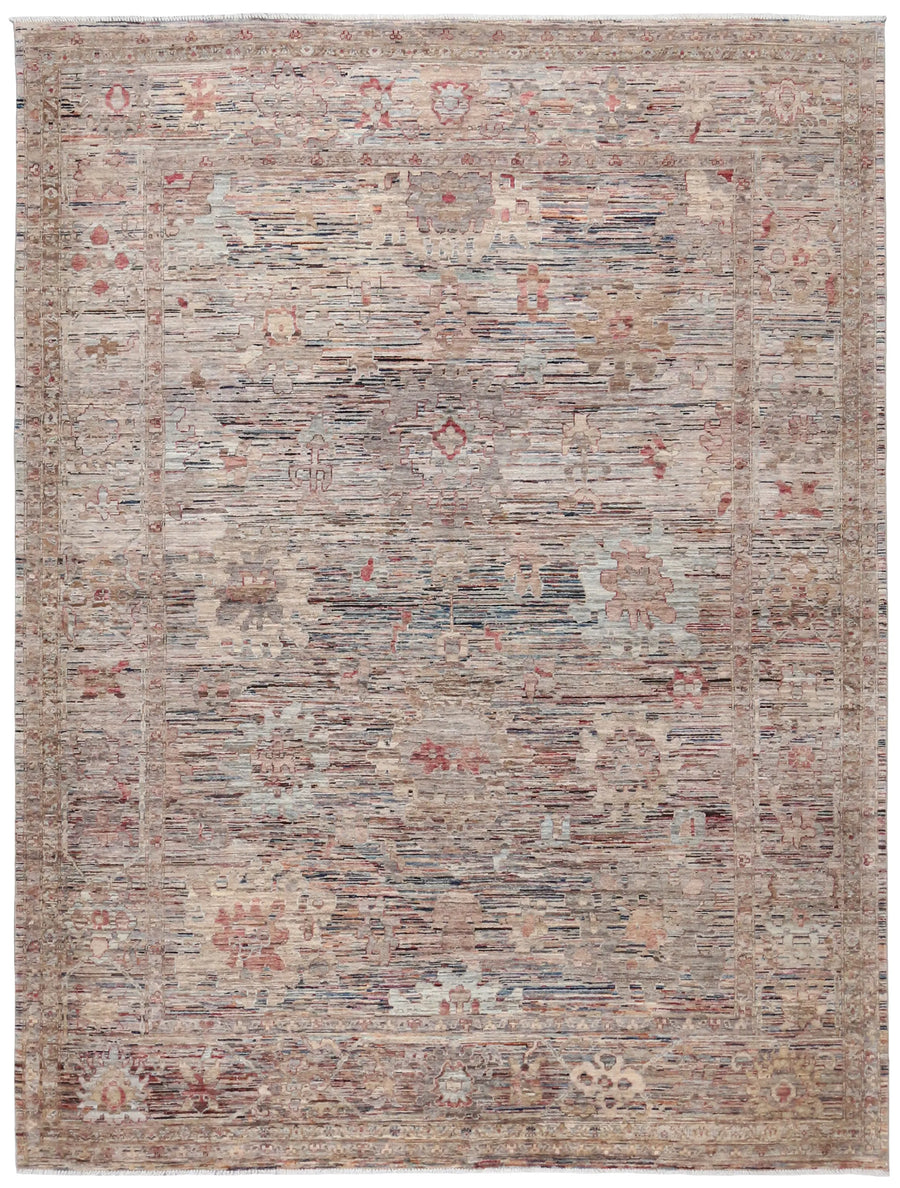 Gray Afghan Rug with Cream & Red Flowers, 353 × 273 cm, overall view.