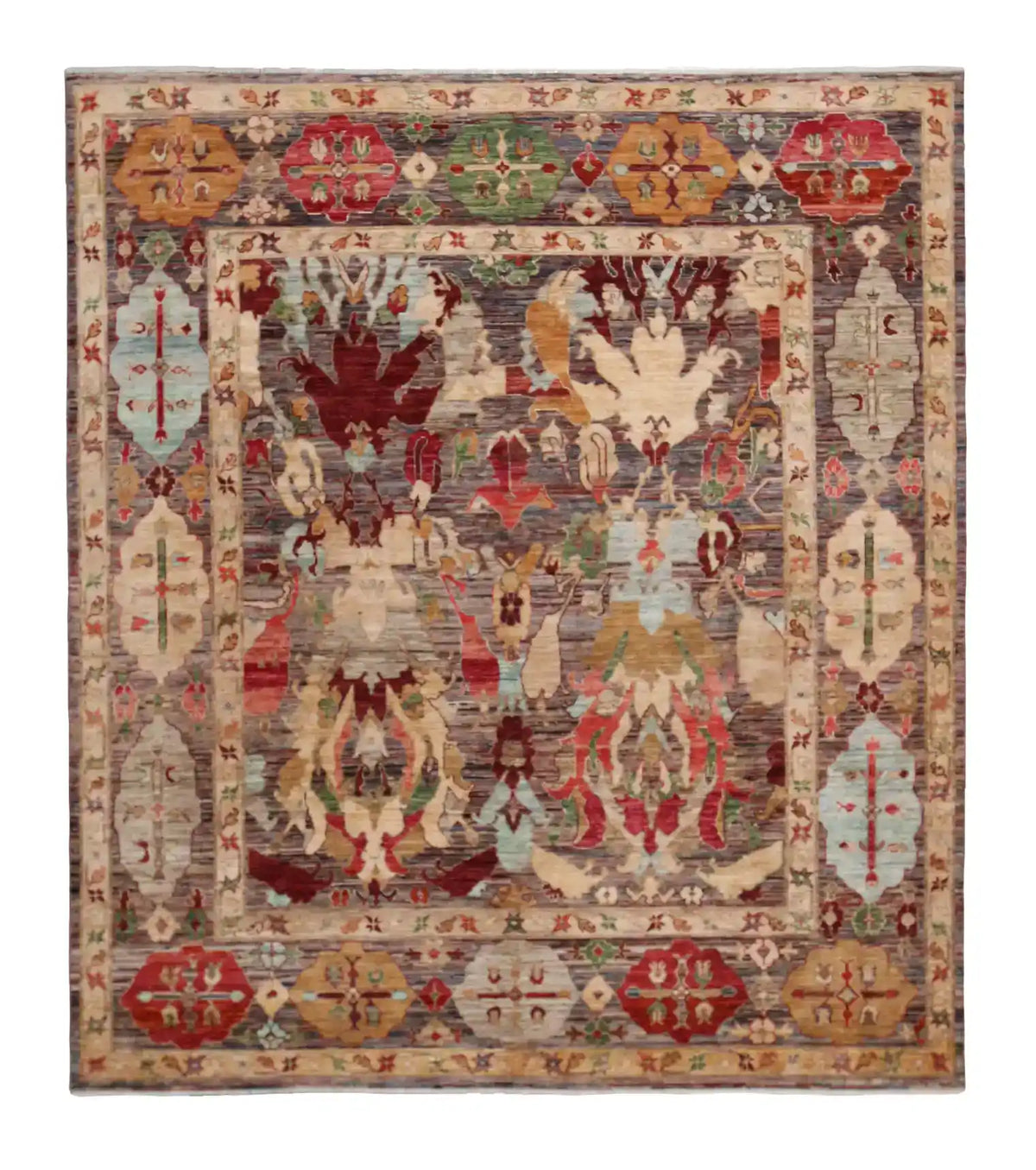 Orientteppich mit großen Blättern in Rot und Gold, 293 × 249 cm – Gesamtansicht