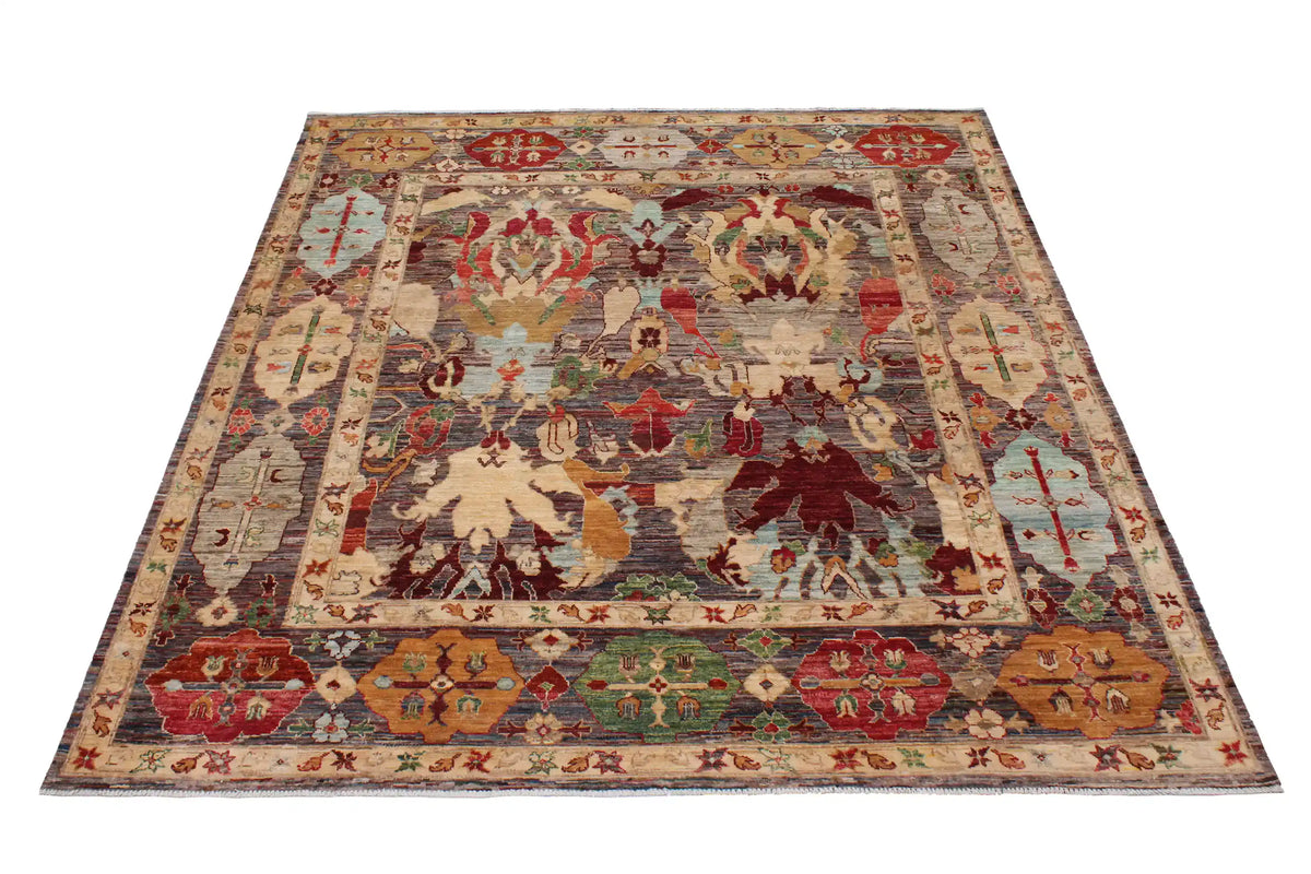 Orientteppich mit großen Blättern in Rot und Gold, 293 × 249 cm – Ansicht 2 des handgeknüpften Wollteppichs