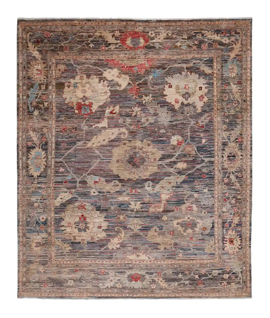 Blaugrauer Orientteppich mit großen cremefarbenen Blüten, 298 × 248 cm – Gesamtansicht