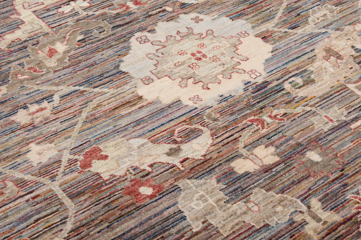 Gray-Brown Afghan Rug with Light Flowers & Red Accents, 296 × 246 cm, view 6.