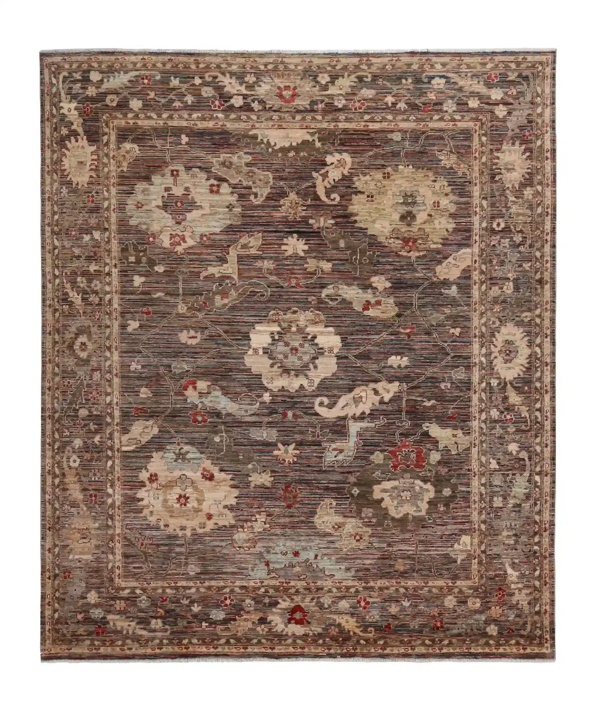 Dark Brown Wool Rug with Large Cream Flowers, 290 × 244 cm, overall view.