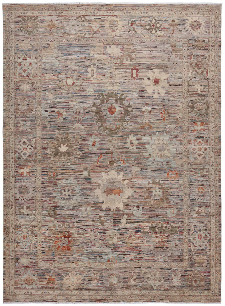 Taupe Afghan Rug with Cream Floral Motifs, 359 × 266 cm, overall view.