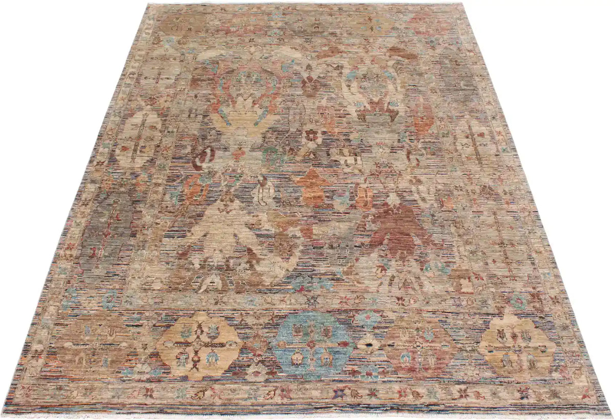 Afghan Rug with Blue, Cream & Gold Leaf Motifs, 342 × 250 cm, view 2.
