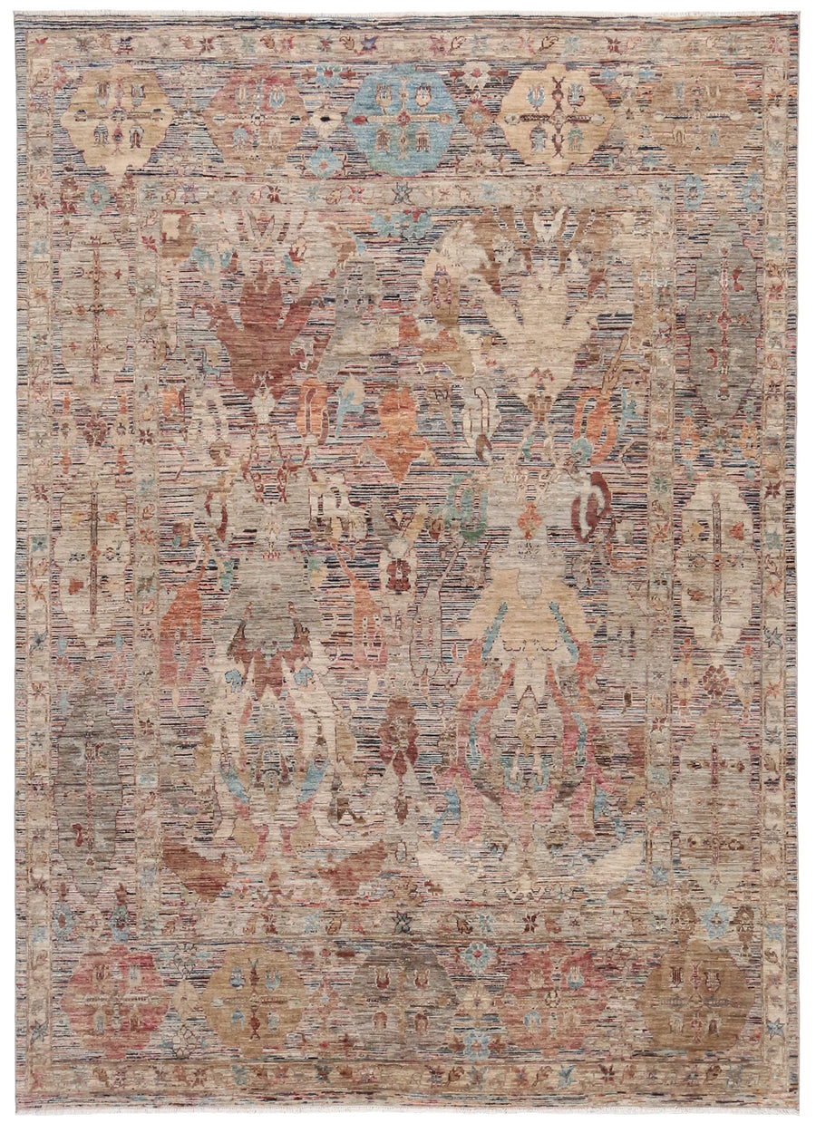 Afghan Rug with Blue, Cream & Gold Leaf Motifs, 342 × 250 cm, overall view.