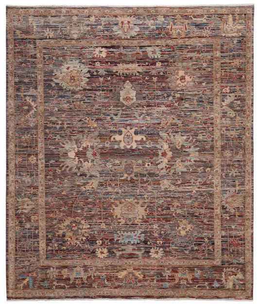 Floraler Orientteppich mit hellen Motiven auf Dunkelbraun, 293 × 243 cm, Gesamtansicht