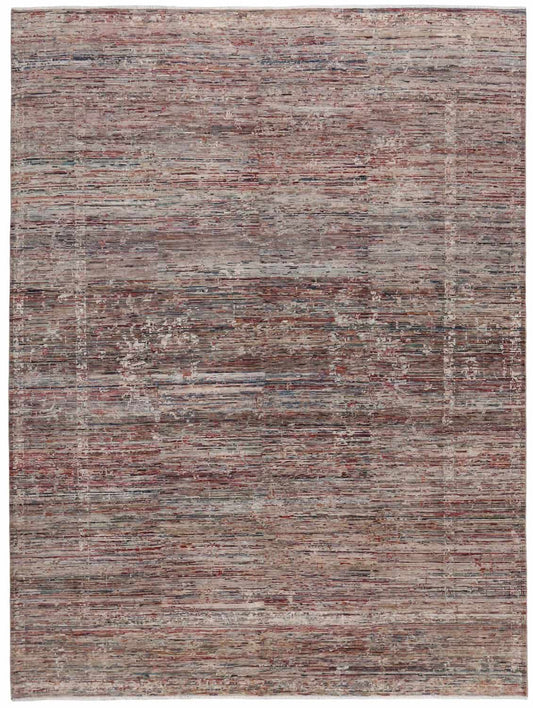 Abstrakter Art-déco-Teppich mit rotgrauen Farblinien, 349 × 256 cm, Gesamtansicht