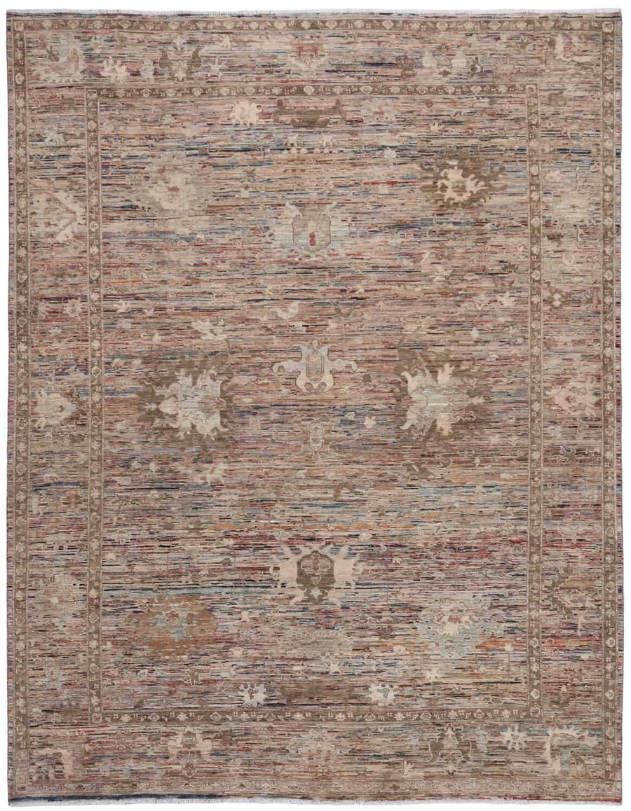 Gray-Brown Afghan Rug with Light Flowers, 340 × 253 cm, overall view.