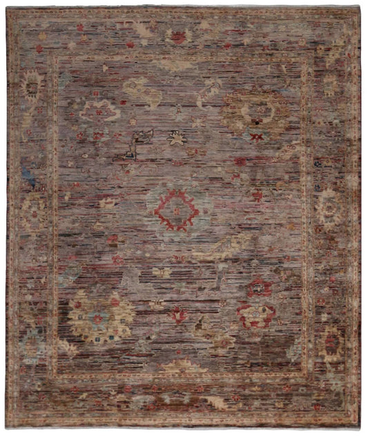 Dunkler Orientteppich mit kleinen roten Rosetten, 298 × 249 cm, Gesamtansicht
