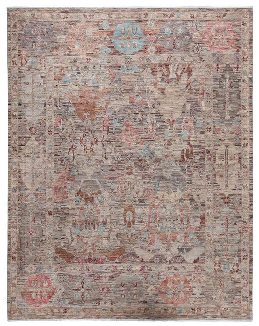 Art-déco-Teppich mit großen Blüten in Rosa und Blau, 350 × 271 cm – Gesamtansicht des handgeknüpften Wollteppichs