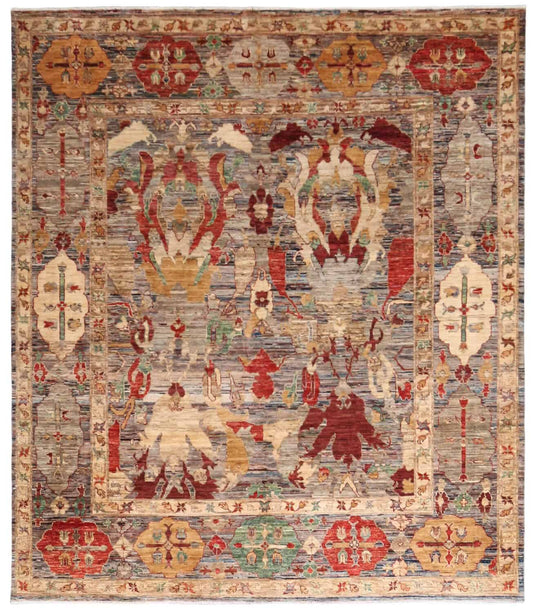 Art-déco-Wollteppich mit roten Blüten und Blattmotiven, 294 × 250 cm, Gesamtansicht