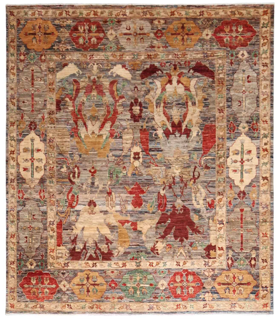 Art Deco Wool Rug with Red Floral Motifs, 294 × 250 cm, overall view.