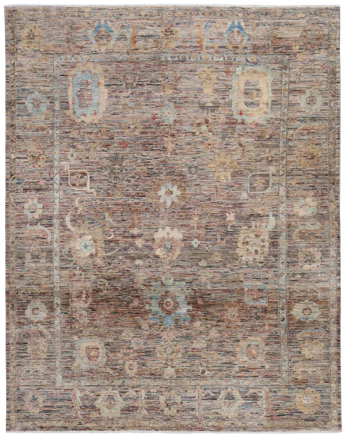 Orientteppich mit hellblauen Blüten und goldenen Ornamenten, 346 × 258 cm – Gesamtansicht des handgeknüpften Wollteppichs