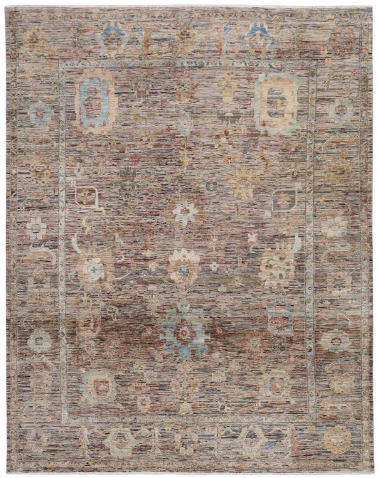 Orientteppich mit hellblauen Blüten und goldenen Ornamenten, 346 × 258 cm – Gesamtansicht des handgeknüpften Wollteppichs