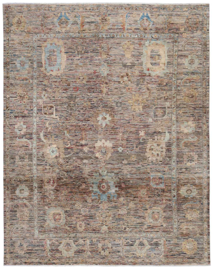 Afghan Rug with Blue Flowers & Gold Motifs, 346 × 258 cm, overall view.