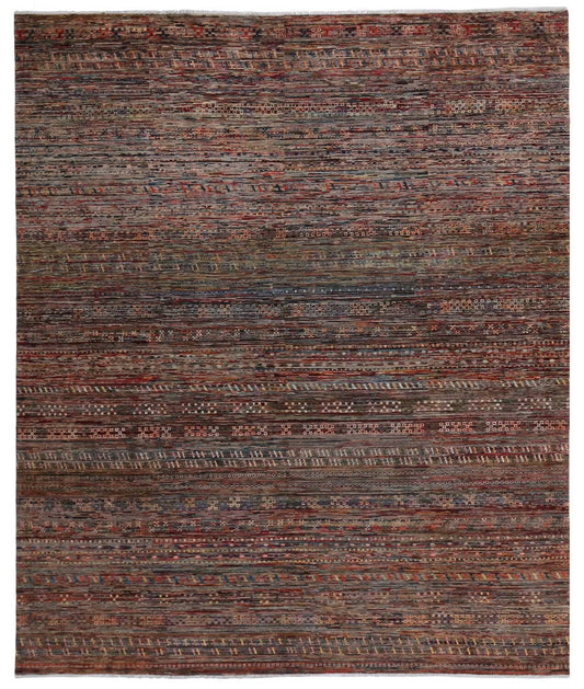 Mehrfarbiger Art-déco-Teppich mit dunkler Zeichnung, 299 × 251 cm, Gesamtansicht