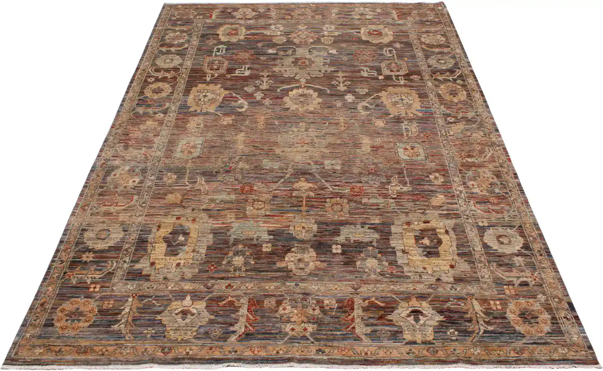Brown Afghan Rug with Large Cream Flowers, 352 × 252 cm, view 2.