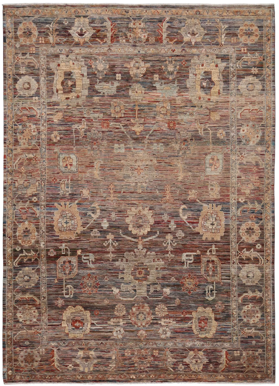 Brown Afghan Rug with Large Cream Flowers, 352 × 252 cm, overall view.