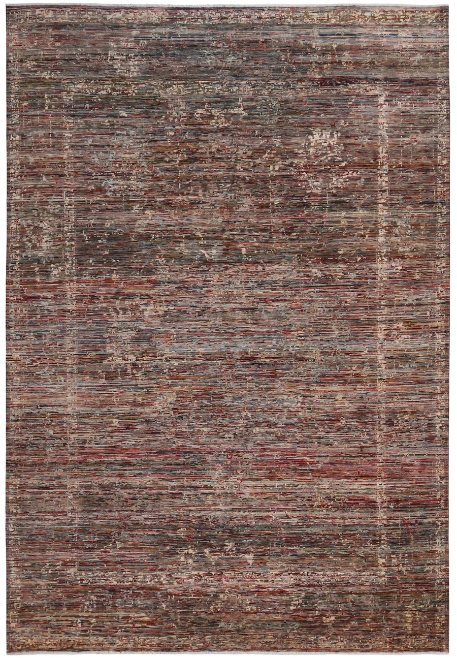 Dark Brown Berjasta Rug with Rust Lines, 364 × 254 cm, overall view.