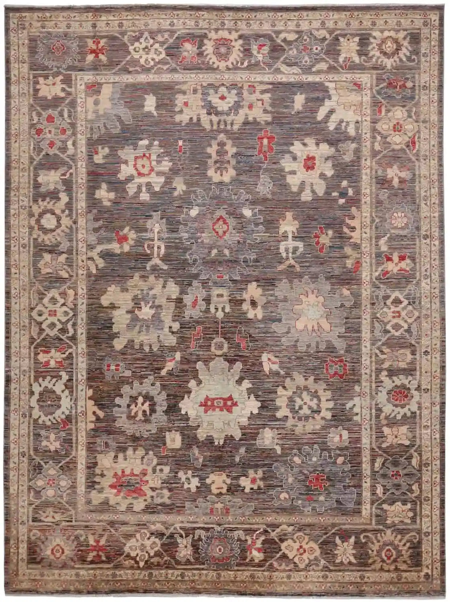 Taupe Afghan Rug with Large Floral Motifs, 355 × 269 cm, view 1.