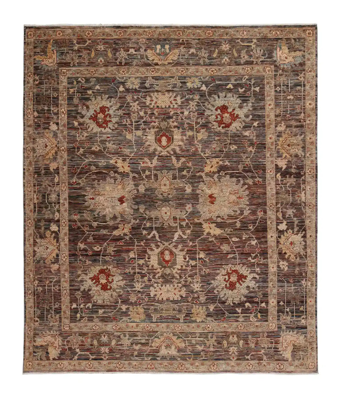 Brown Afghan Rug with Large Light Flowers, 297 × 247 cm, overall view.