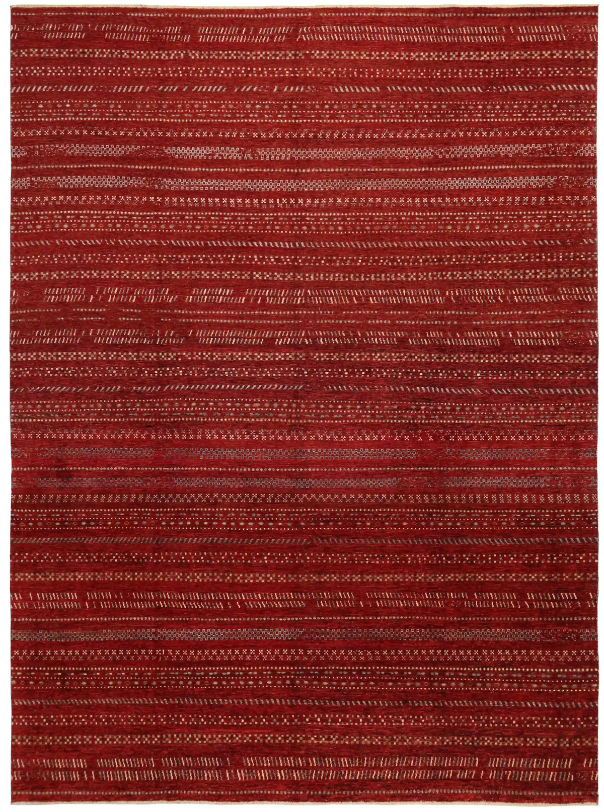 Roter Berjasta-Teppich mit hellen Querlinien, 416 × 316 cm – Gesamtansicht