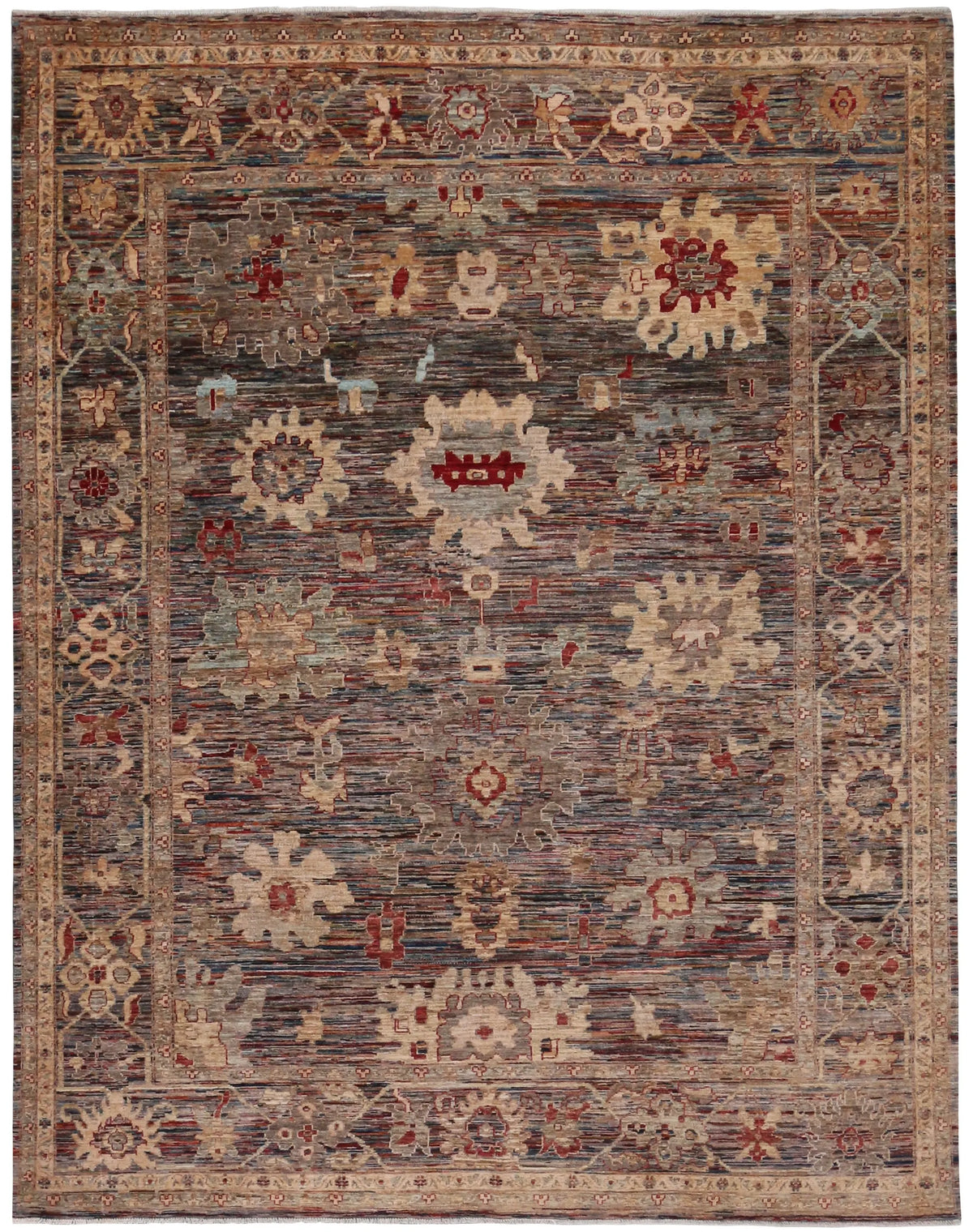 Dark Afghan Rug with Cream Flowers & Red Accents, 343 × 270 cm, overall view.